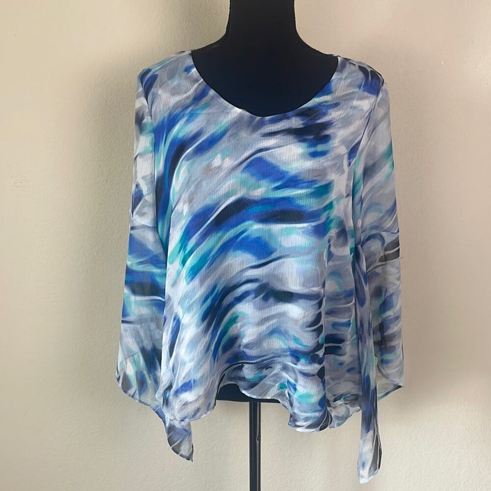 Jennifer Lopez abstract print bell flutter sleeve double layer blouse women’s S